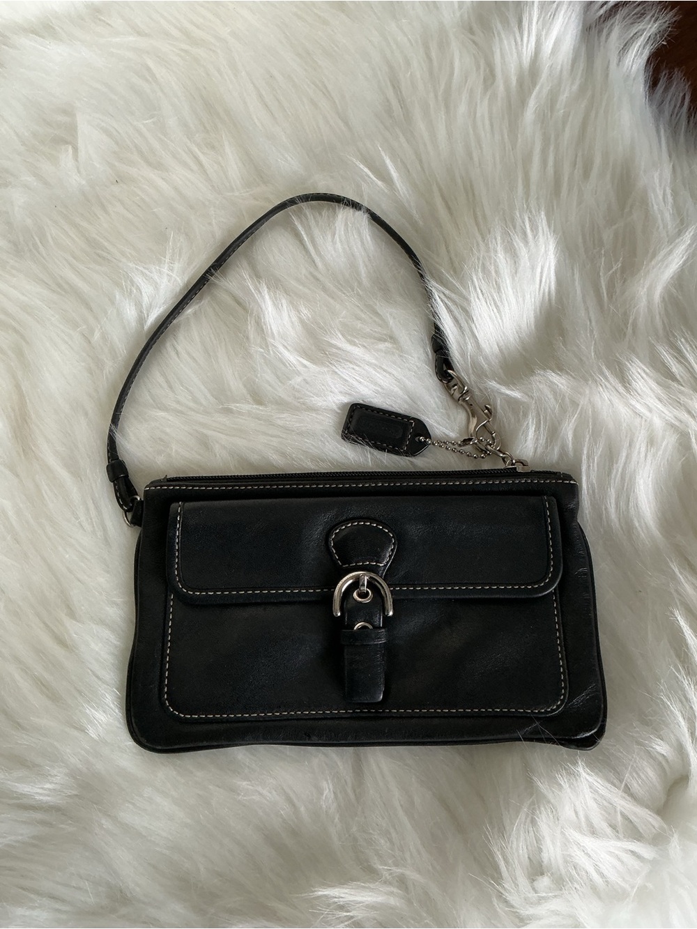 Classic Coach Black Leather Wristlet Bag